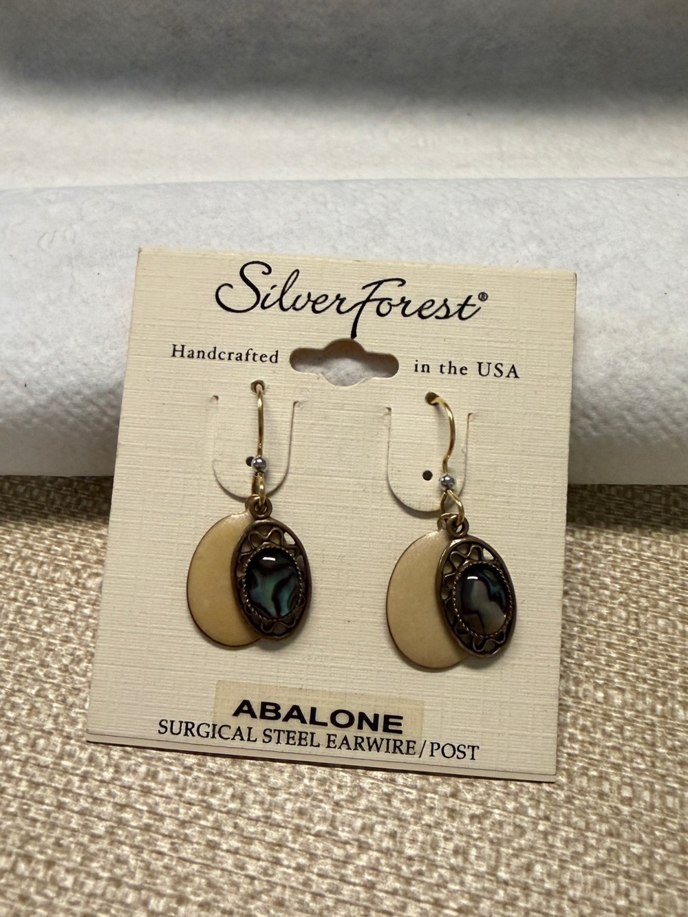 Silver Forest Teal Abalone and Cream Drop Earrings